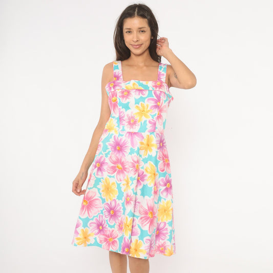 90s Scarlett Floral Sundress Square Neck Daisy Print Sky Blue Medium M