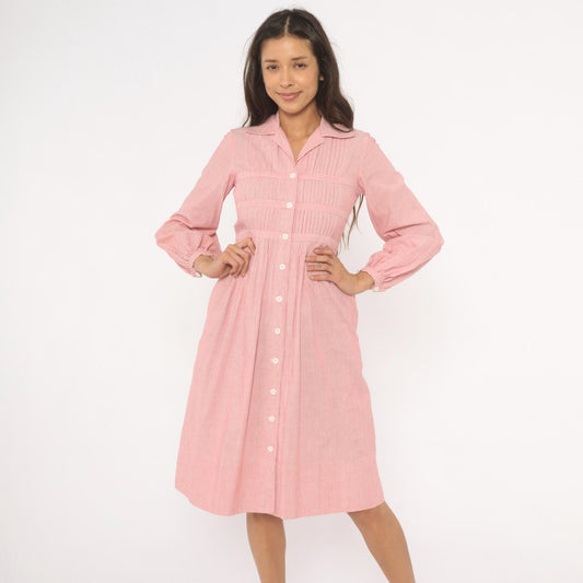 80s Nipon Boutique Pinstripe Shirtdress Pink Button Front Puff Sleeve XS