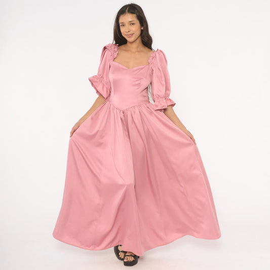 80s Rose Pink Maxi Gown Sweetheart Neckline Puff Sleeve Ruffle Trim Medium M