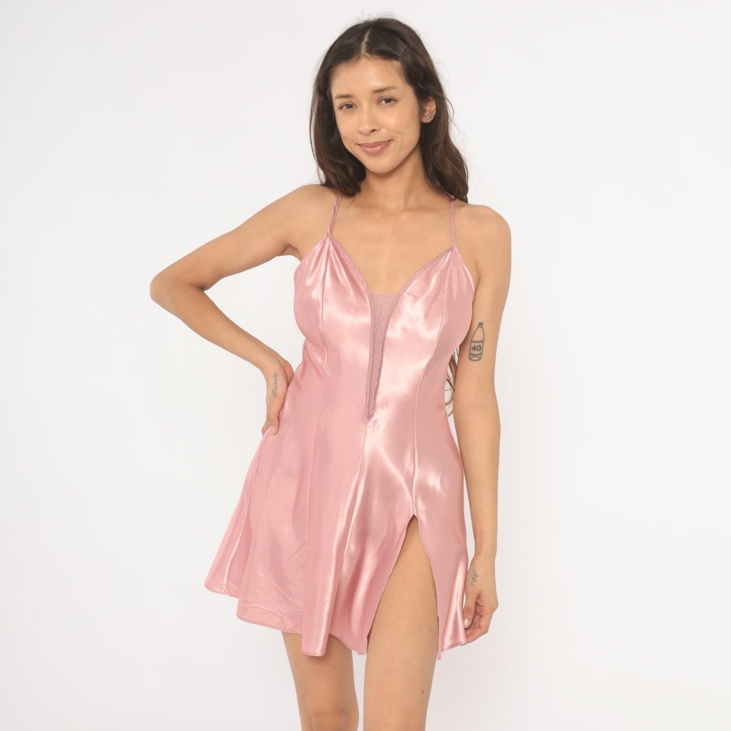 90s Victoria's Secret Pink Satin Slip Dress Deep V Mesh Insert Small