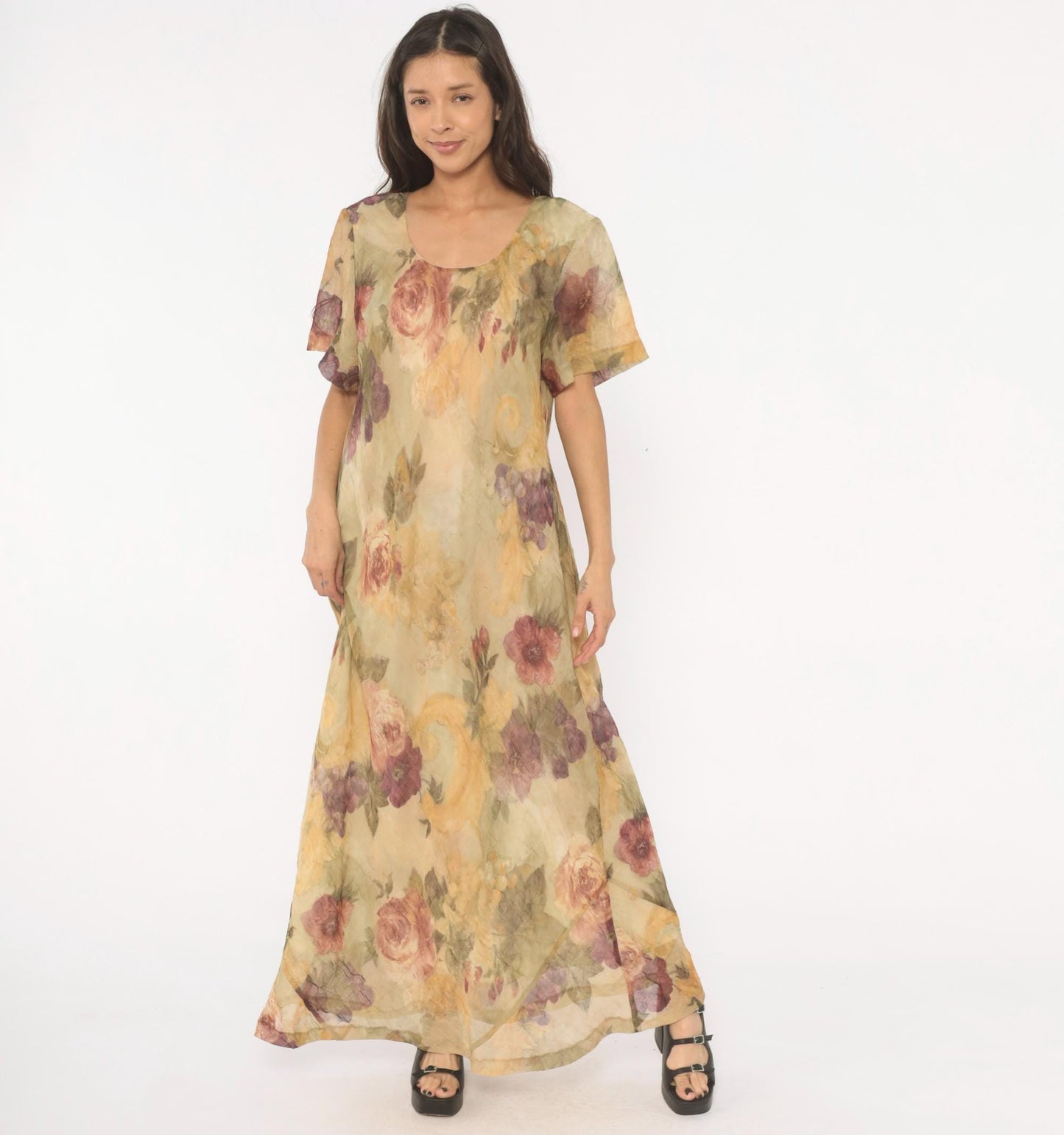 90s DE Frantoria Floral Maxi Dress Cream Rose Print Flutter Sleeve Extra Large