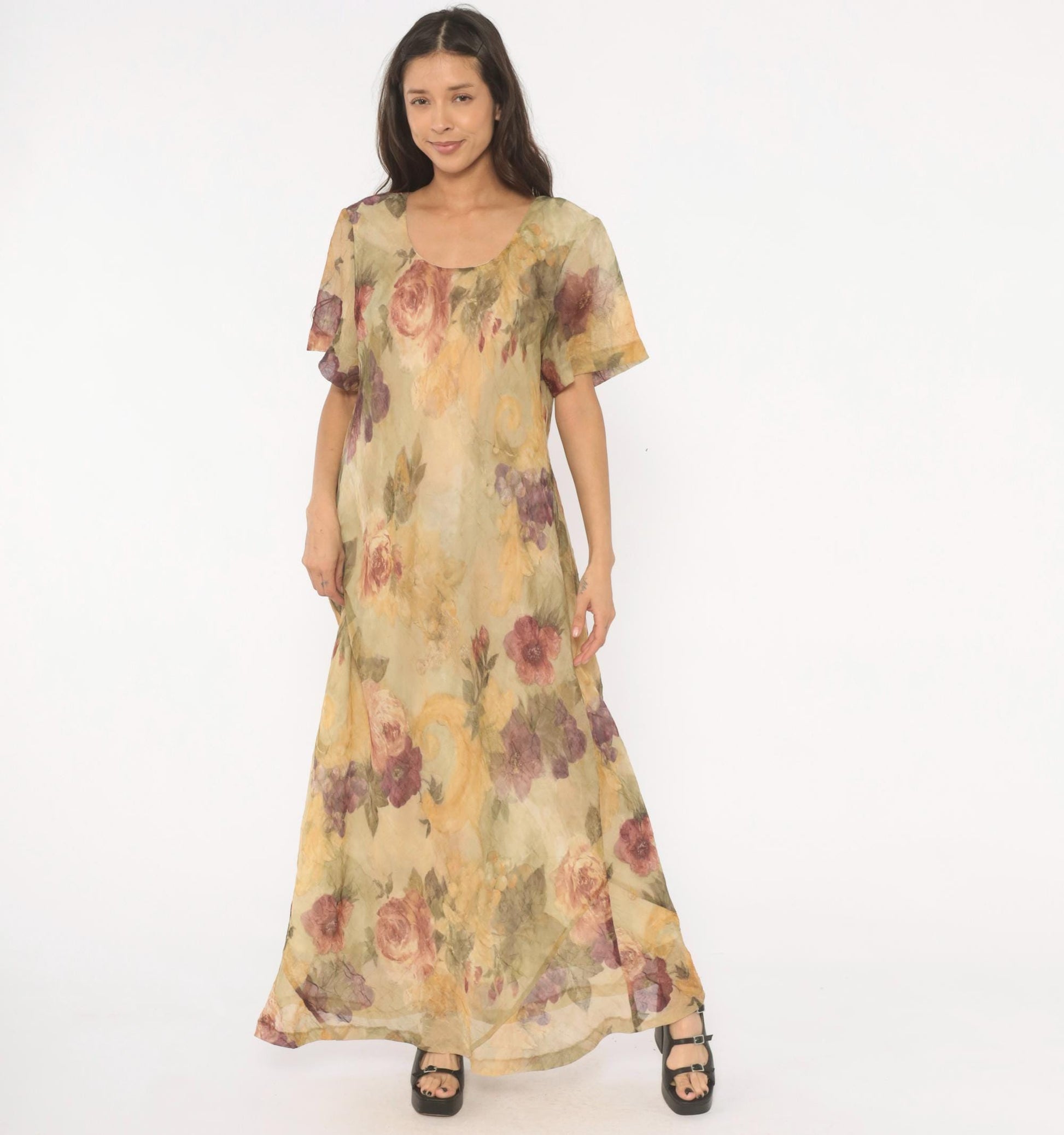 90s DE Frantoria Floral Maxi Dress Cream Rose Print Flutter Sleeve Extra Large