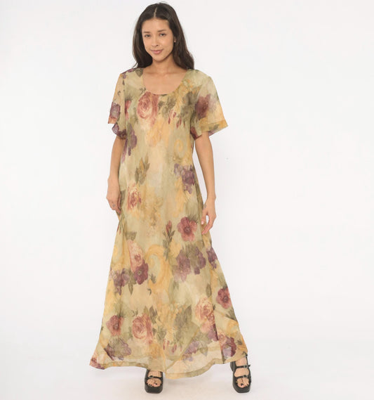 90s DE Frantoria Floral Maxi Dress Cream Rose Print Flutter Sleeve Extra Large