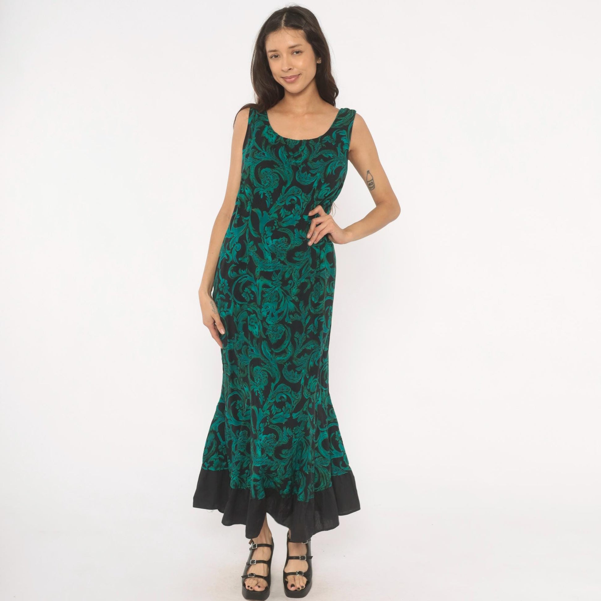90s R & K Originals Teal Baroque Maxi Dress Emerald Floral Mermaid Large L