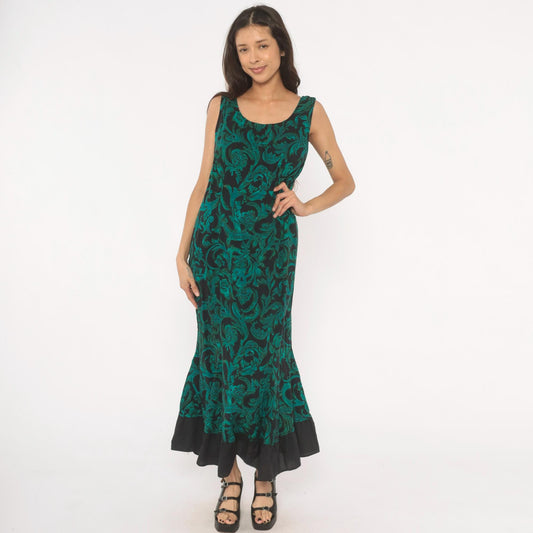 90s R & K Originals Teal Baroque Maxi Dress Emerald Floral Mermaid Large L