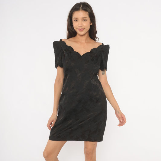 90s Expo Petite Black Floral Jacquard Mini Dress Sweetheart Neckline Medium M