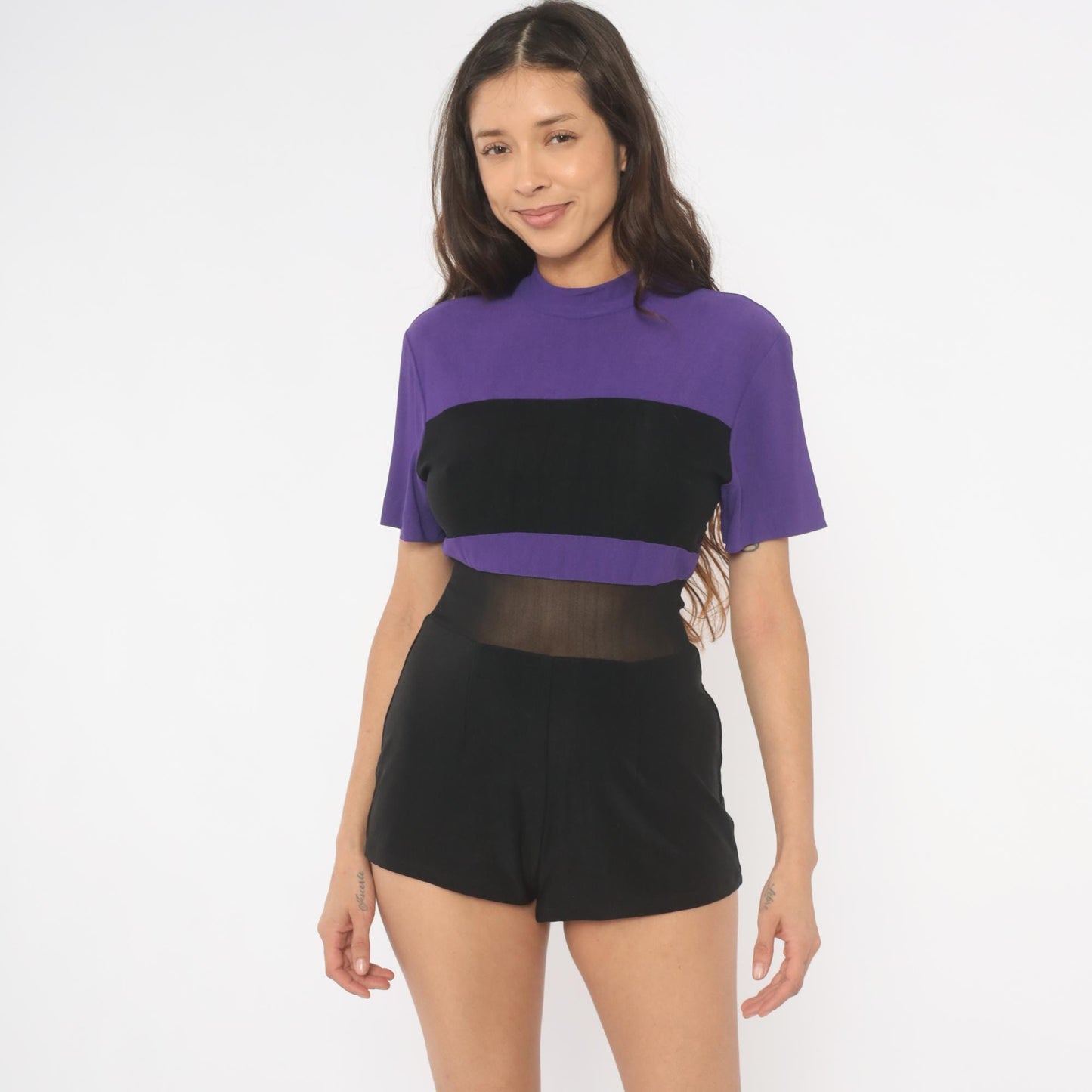 90s D.F. Summers Purple Black Color Block Romper Mesh Waist Medium M