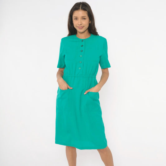 80s Teal Shirtdress Knee-Length Button Front Elastic Waist Small