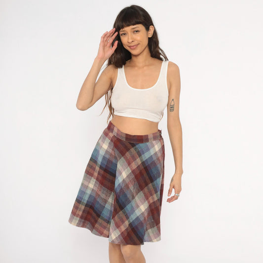 80s Plaid Wool Skirt Knee-Length A-Line Burgundy Purple Blue Checkered Medium M
