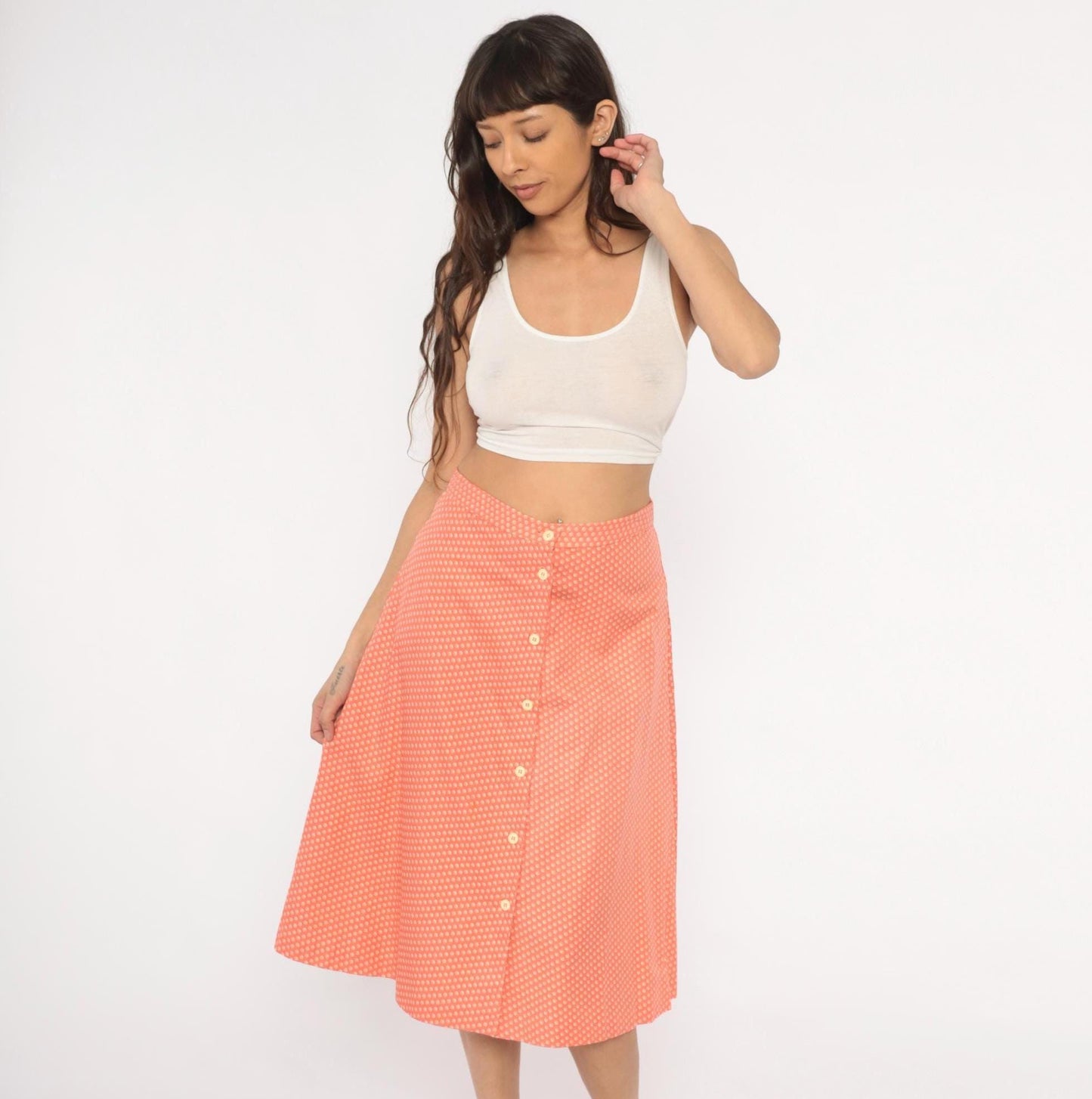 80s Coral Polka Dot A-Line Skirt Button Front High Waist Knee Length Small S