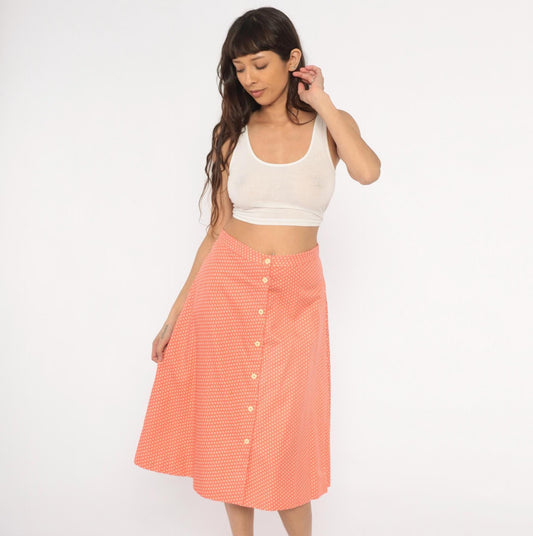 80s Coral Polka Dot A-Line Skirt Button Front High Waist Knee Length Small S