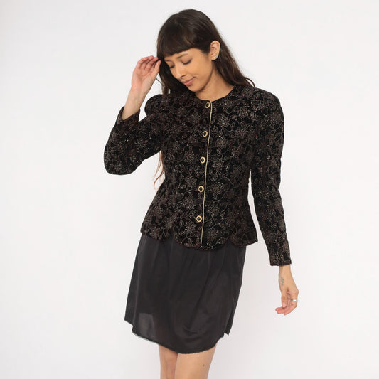 90s R & K Evening Black Velvet Jacket Gold Glitter Floral Scalloped Blazer Small S