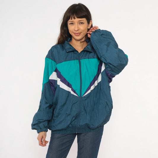 90s Champs Style Windbreaker Chevron Colorblock Teal Navy Purple XL
