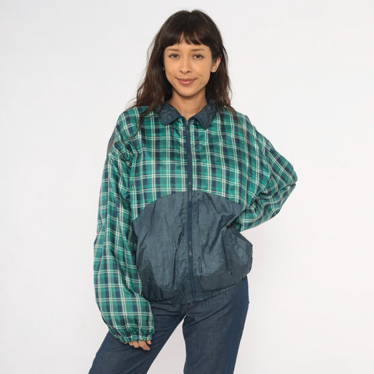 90s Honors Green Plaid Windbreaker Jacket Navy Colorblock Nylon Extra Large XL