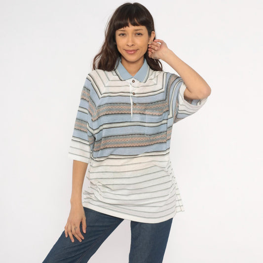 80s Grand Slam Southwestern Polo Striped Knit Diamond Jacquard Sky Blue Large L