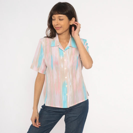 80s Allison Daley Pastel Striped Camp Collar Blouse Small Petite