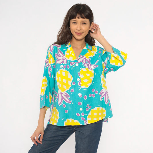 90s Young Hawaii Pineapple Print Blouse Teal Yellow V-Neck Large L