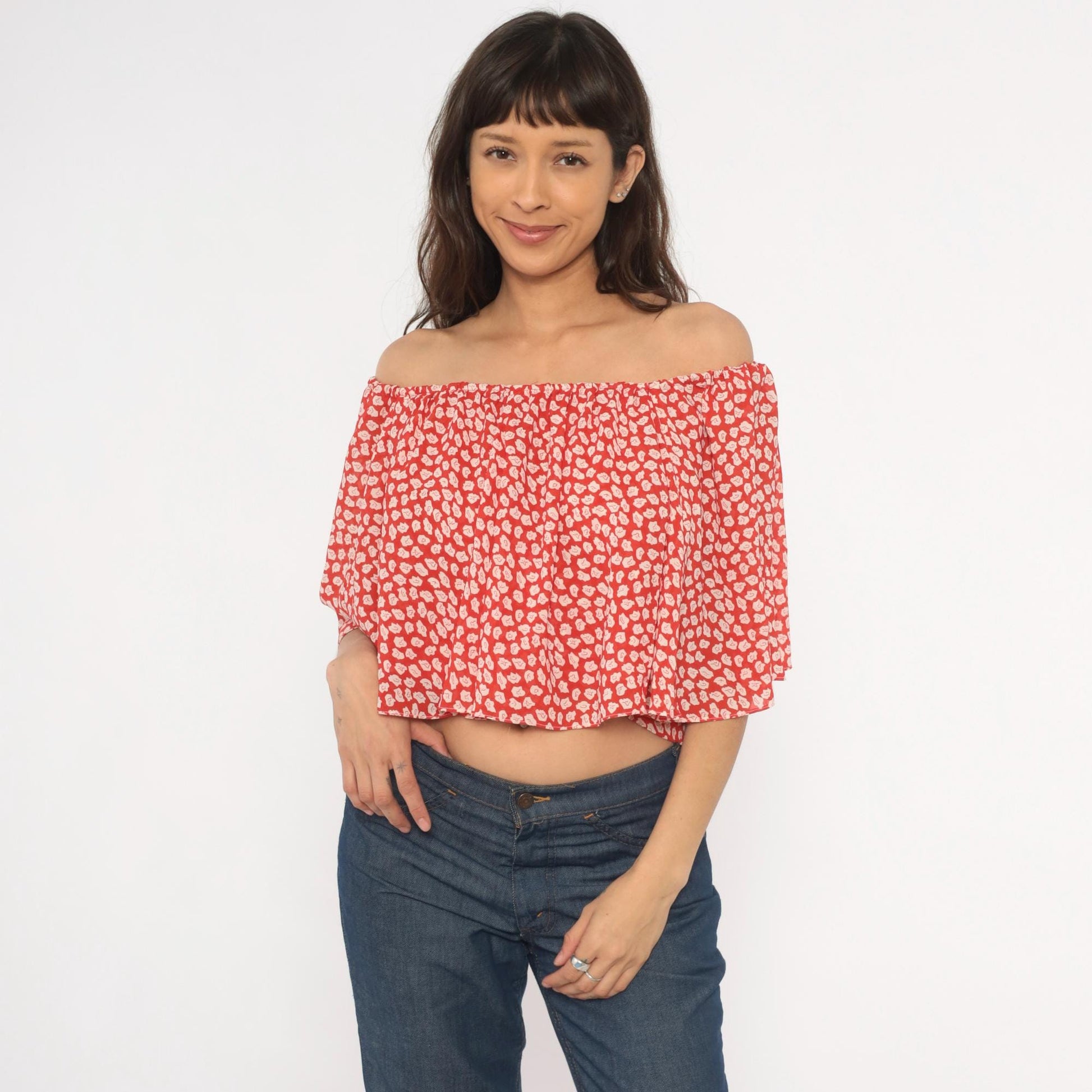 90s Red Floral Off-Shoulder Crop Top Flutter Sleeve White Leaf Print Small