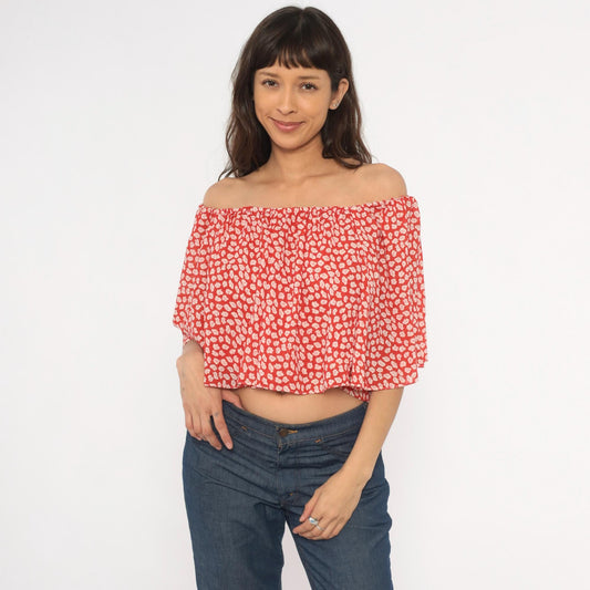 90s Red Floral Off-Shoulder Crop Top Flutter Sleeve White Leaf Print Small