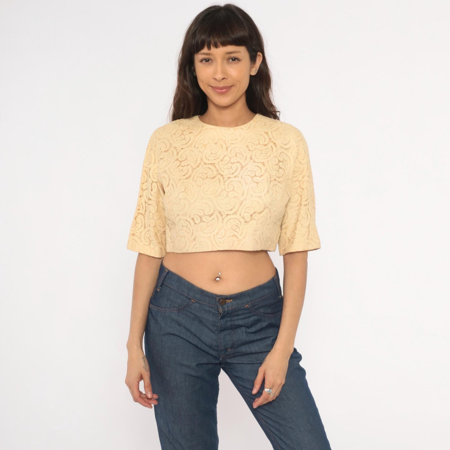 70s Carol Craig Cream Lace Crop Top Swirl Pattern Half Sleeve Medium M