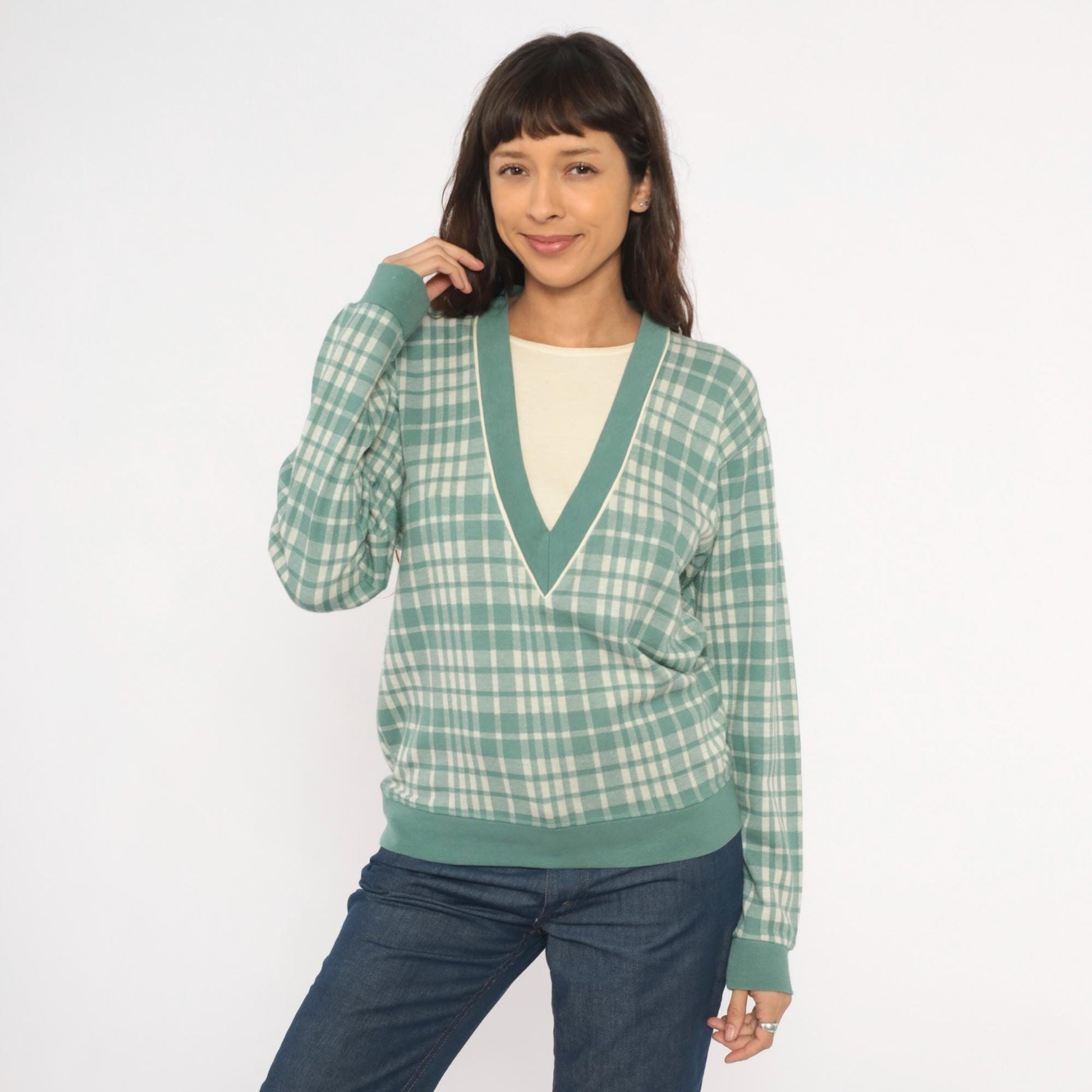 80s Cathy Daniels Green Plaid V-Neck Pullover Sage Ribbed Trim Small