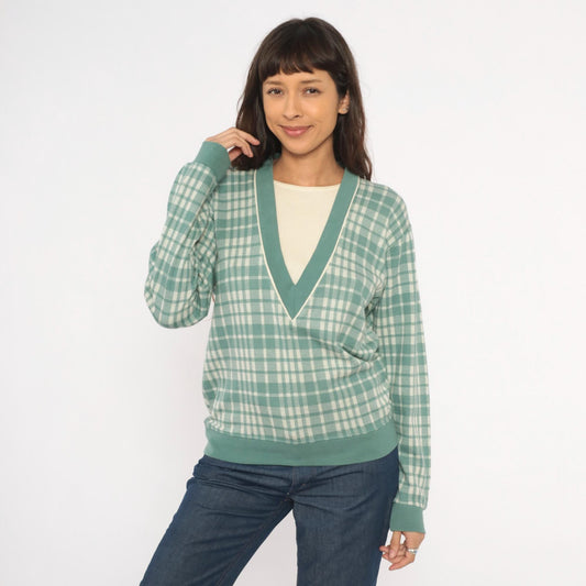 80s Cathy Daniels Green Plaid V-Neck Pullover Sage Ribbed Trim Small