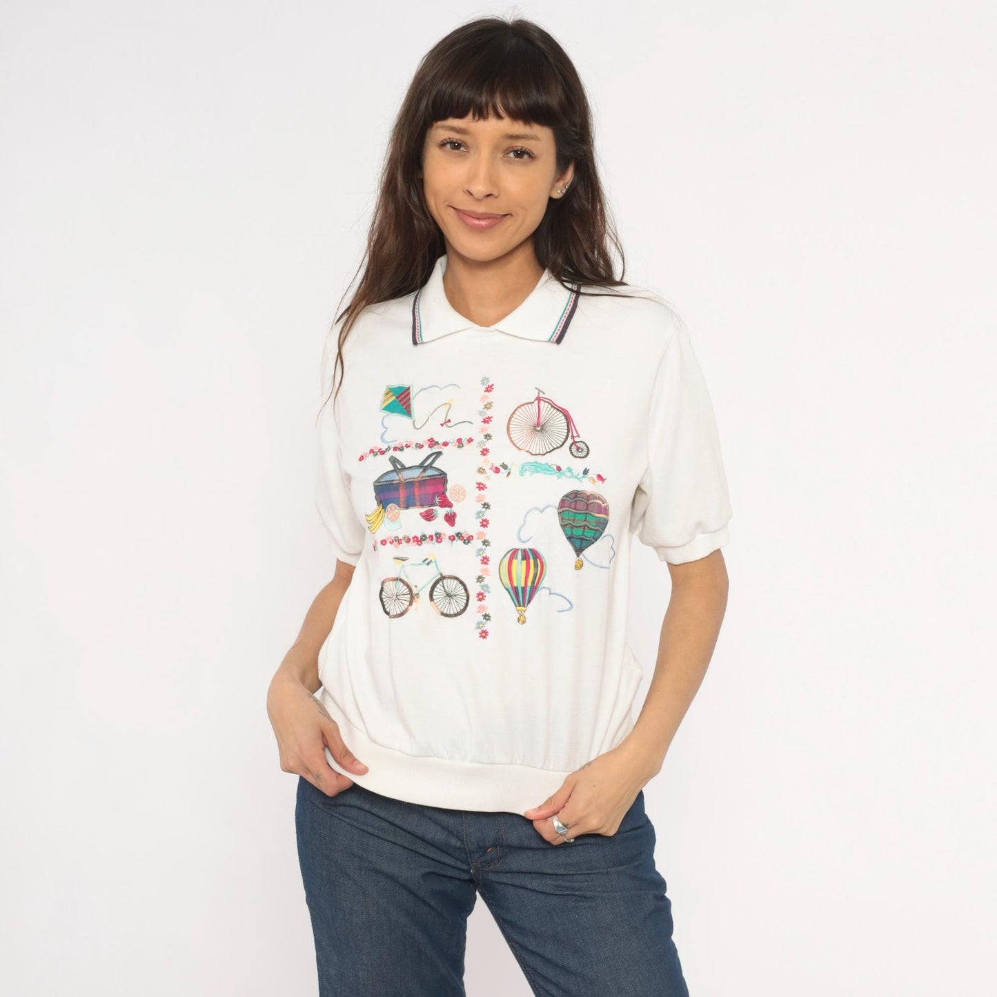 Alfred Dunner 80s Embroidered Polo Shirt Hot Air Balloon Bicycle White Petite Medium