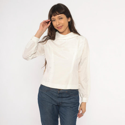 70s Cream Cowl Neck Blouse Balloon Sleeve Back Button Cropped Top Medium M