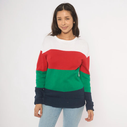 90s Boston Traders Color Block Knit Sweater Navy Green Red White Medium M