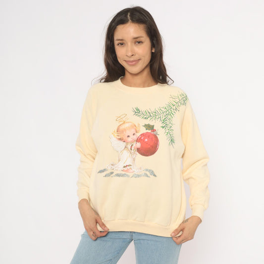 90s Hanes Her Way Christmas Angel Sweatshirt Cream Raglan Graphic Large L