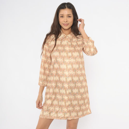 70s Floral Cream Tan Shirt Dress Snap Front Long Sleeve Knee-Length Medium M