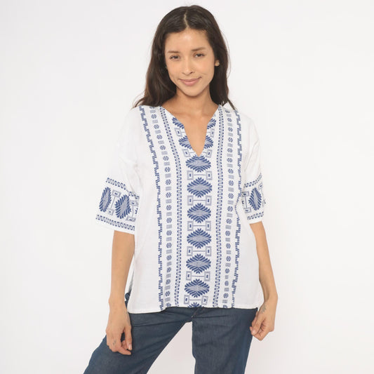 90s White Cotton Embroidered Mexican Blouse Navy Geometric V-Neck Large L