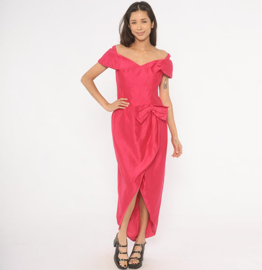 80s Hot Pink Off-Shoulder Maxi Gown Sweetheart Neckline Bow Tulip Skirt Large L