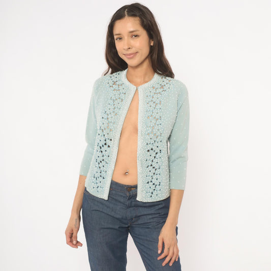 80s Miss Boutique Baby Blue Beaded Cardigan Cutwork Floral Knit Small