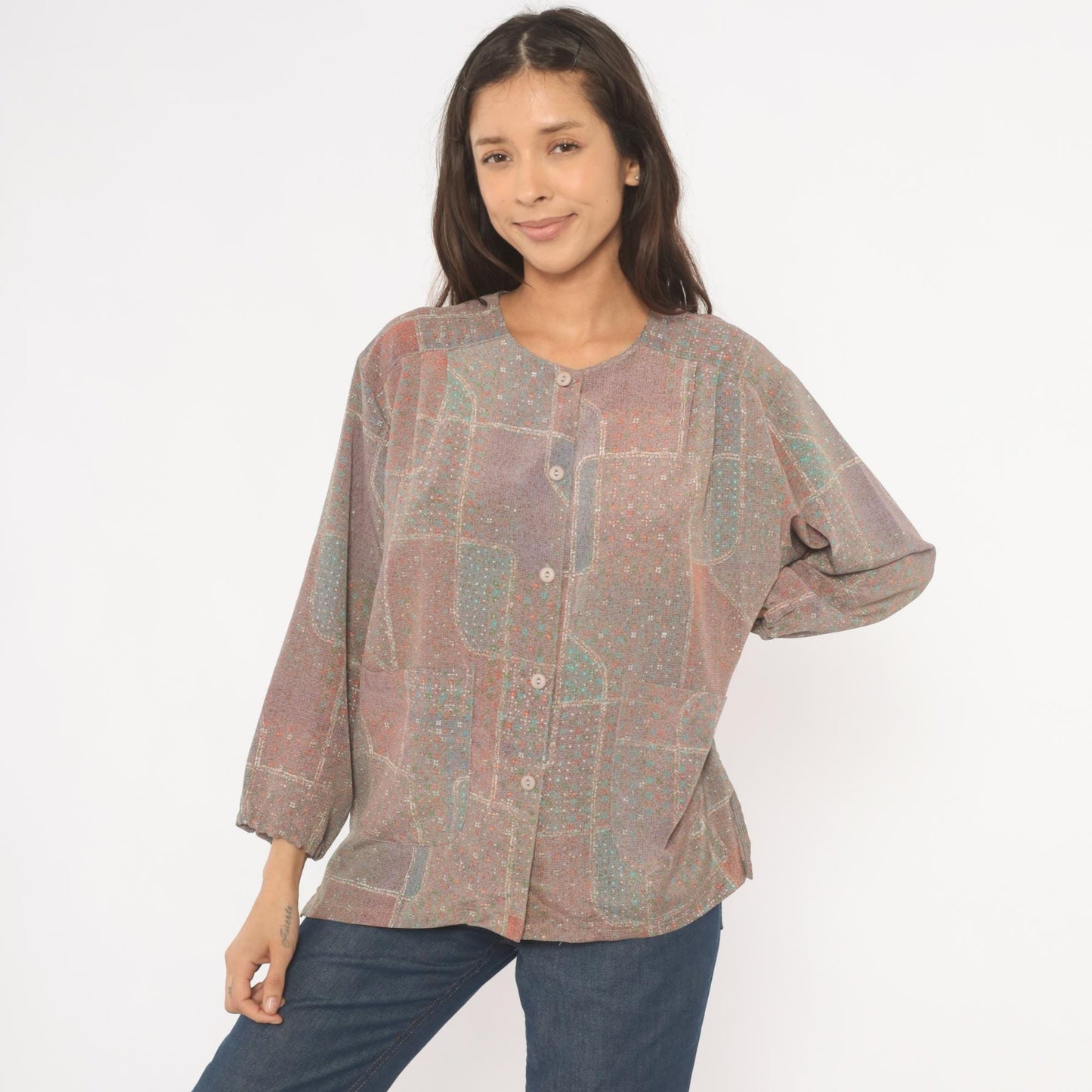 90s Patchwork Print Button-Front Blouse Grey Purple Geometric Large L