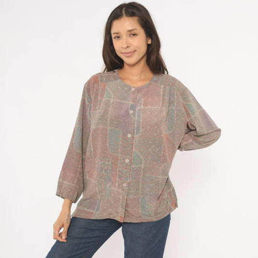 90s Patchwork Print Button-Front Blouse Grey Purple Geometric Large L