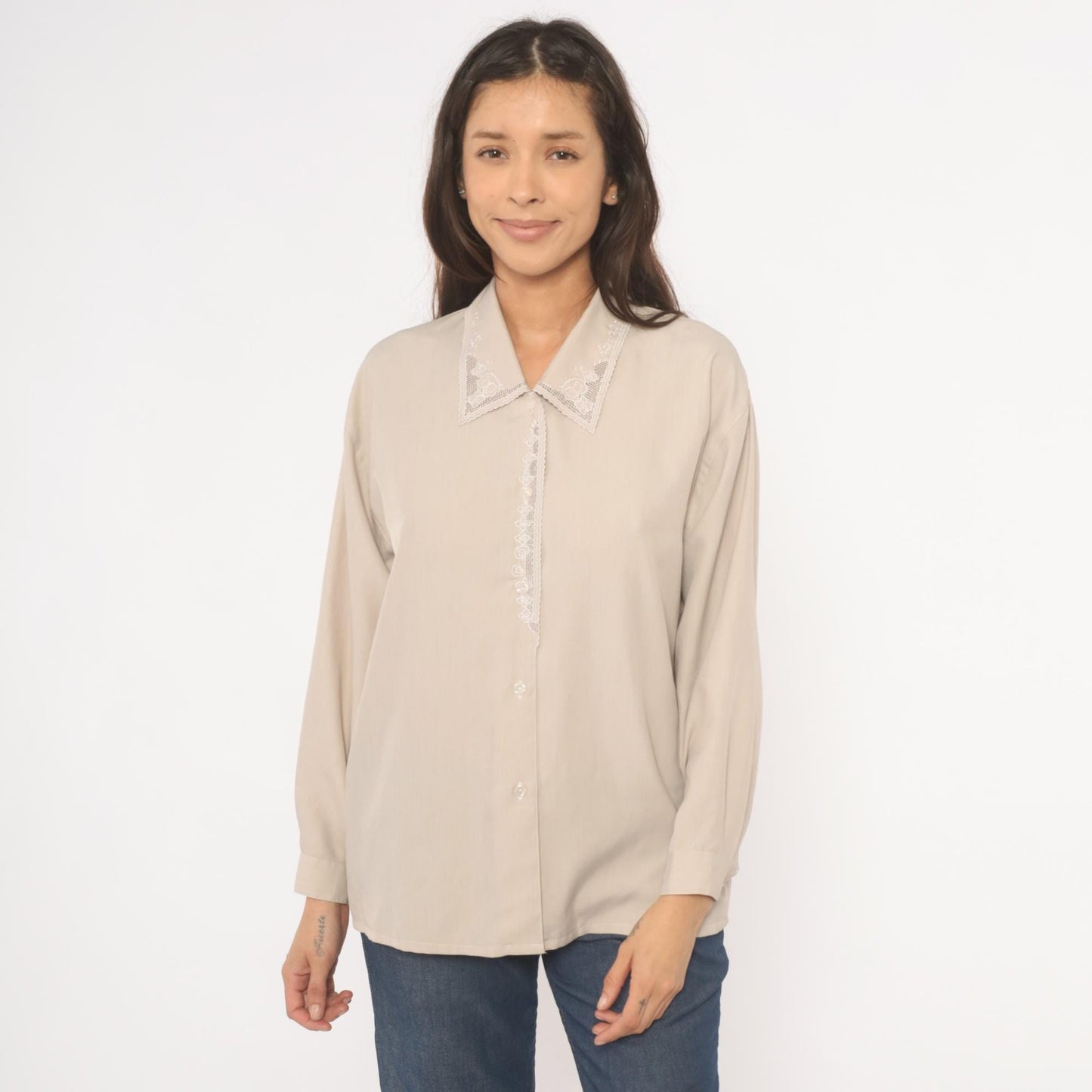 2000s Cream Lace Collar Cotton Blouse Floral Embroidery Long Sleeve Medium M