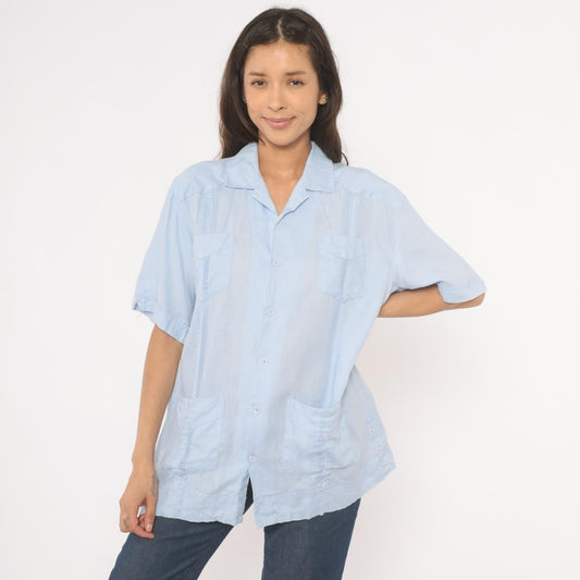 90s Cubavera Powder Blue Linen Camp Collar Shirt Medium M