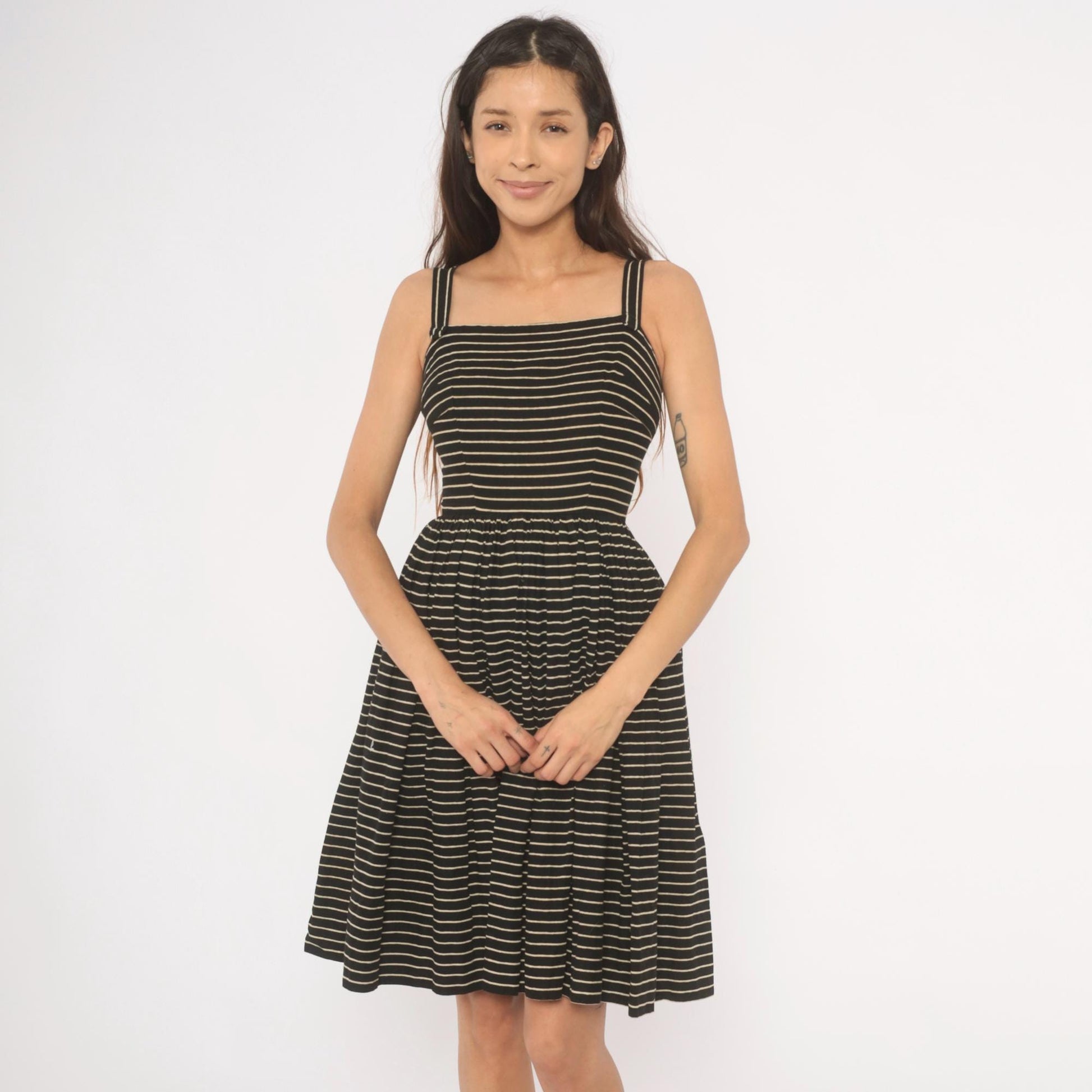 50s Lanz Original Black Pinstripe Sundress Square Neck Spaghetti Strap Extra Small