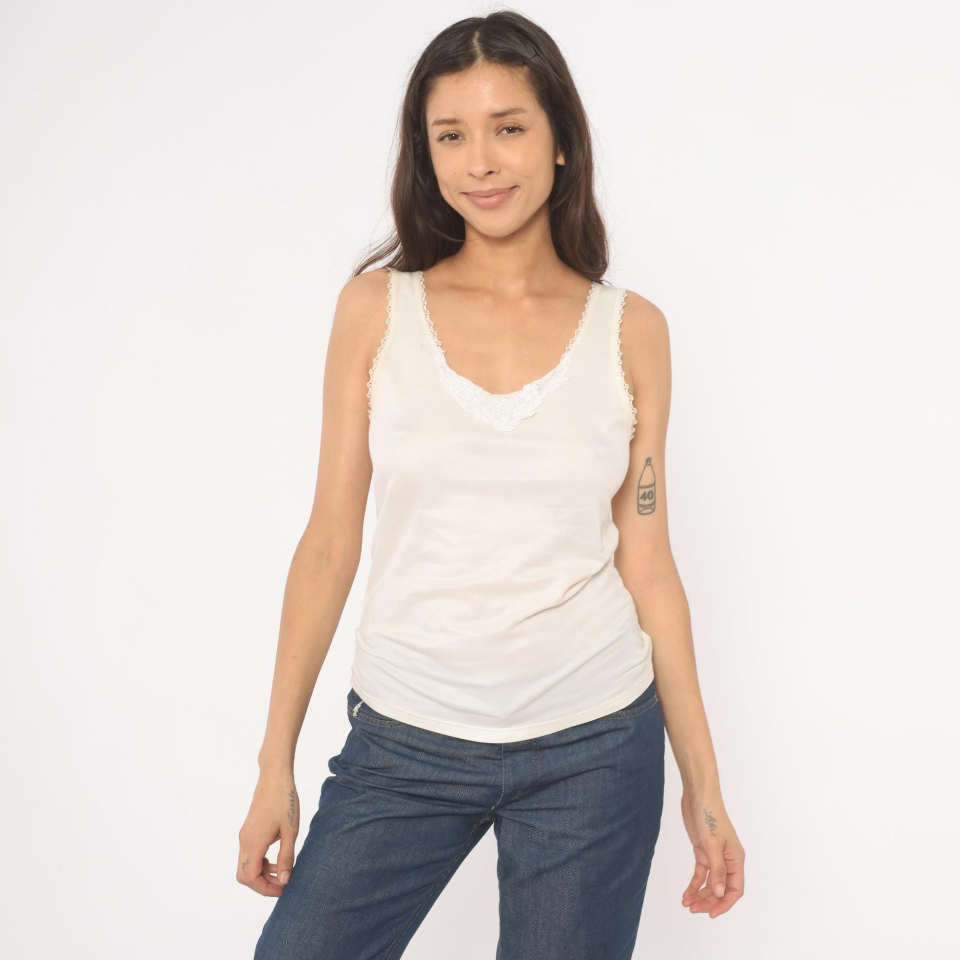 80s Ivory Camisole Lace Trim Scoop Neck Tank Top Small S