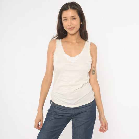 80s Ivory Camisole Lace Trim Scoop Neck Tank Top Small S