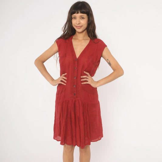 90s Laura Biagiotti Red Linen Dress V Neck Cap Sleeve Drop Waist Medium