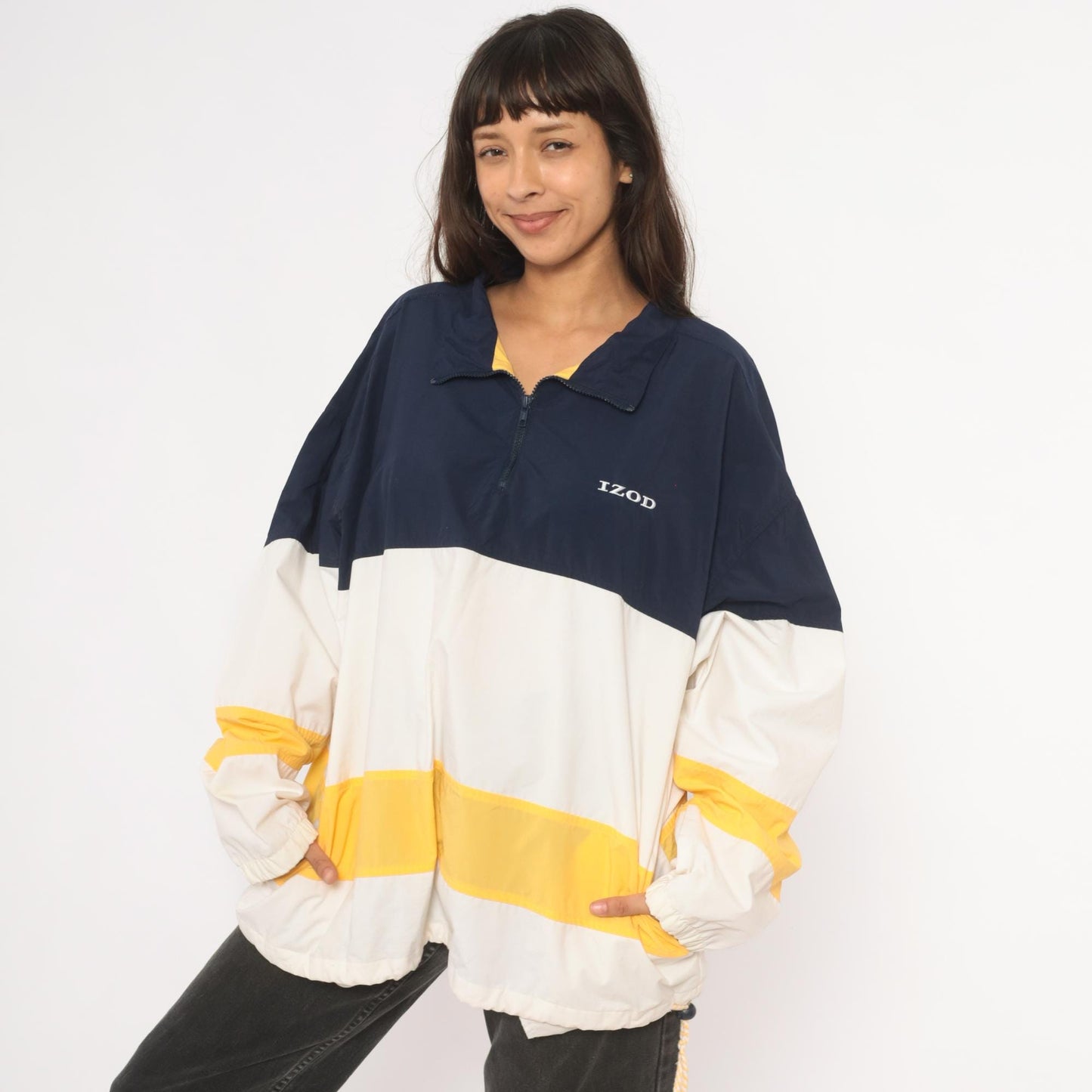 90s Izod Windbreaker Navy White Gold Color Block Half Zip Pullover Large L