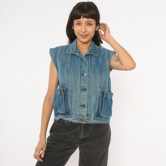 80s Mais Oui Denim Vest Pointed Collar Crop Blue Medium M