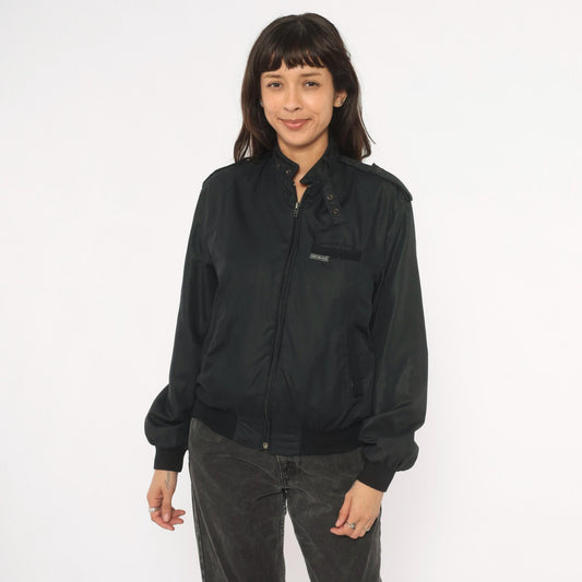 80s Hampton Country Club Black Bomber Jacket Snap Collar Epaulette Extra Small XS