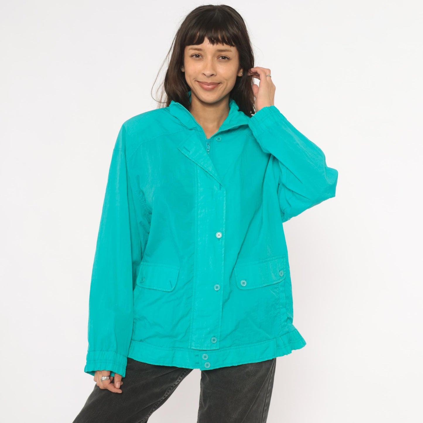 90s Koret Francisca Teal Windbreaker Jacket Raglan Snap Placket Large L