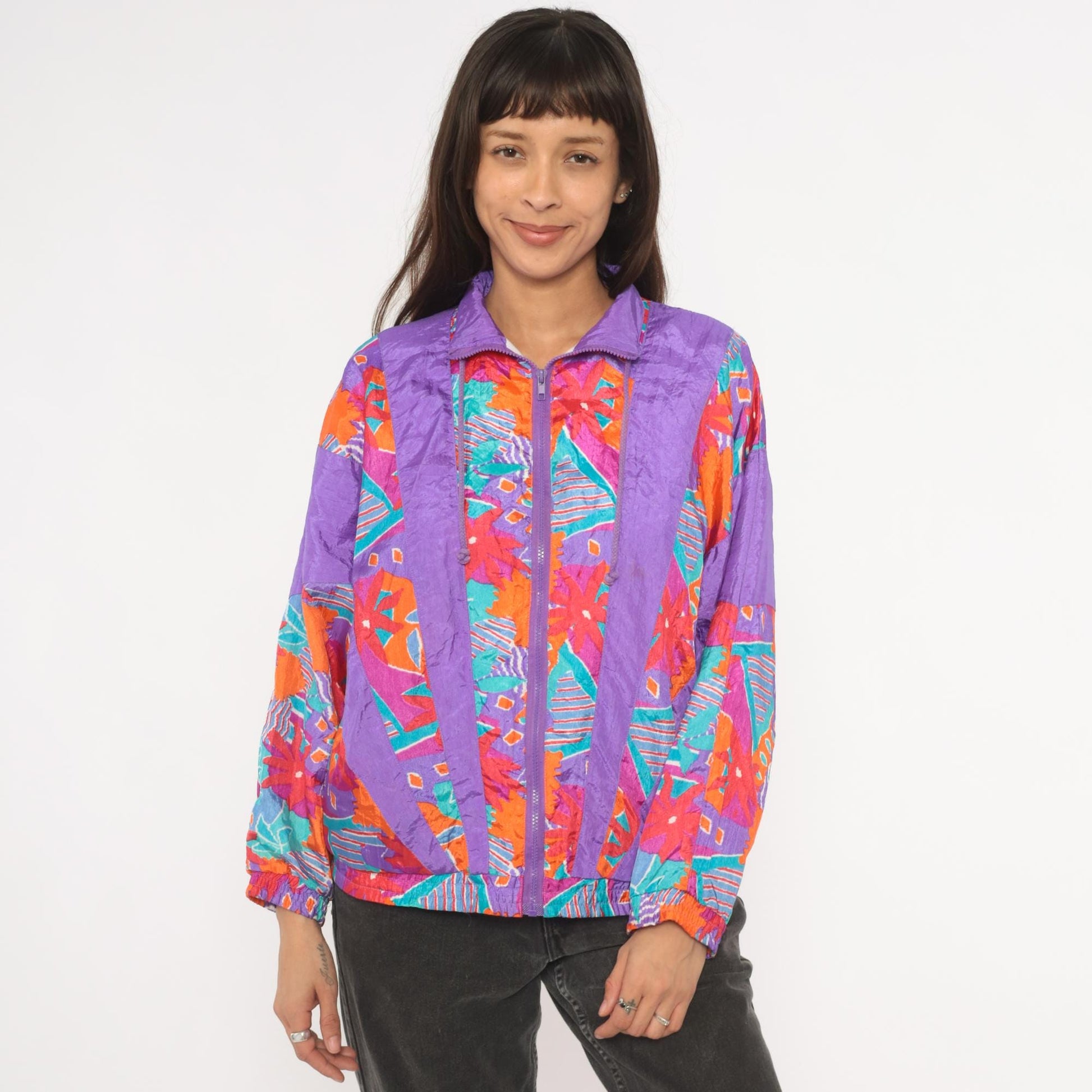90s Aviat Sportif Windbreaker Purple Geometric Floral Print Small