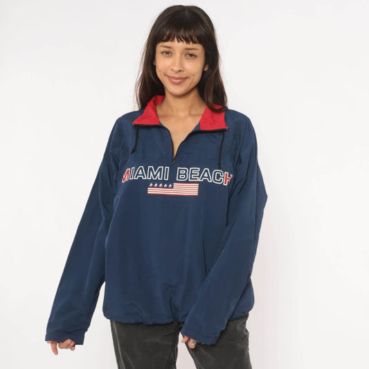 90s Uzzi Miami Beach Windbreaker Navy Half-Zip Nylon Jacket Red Collar Small