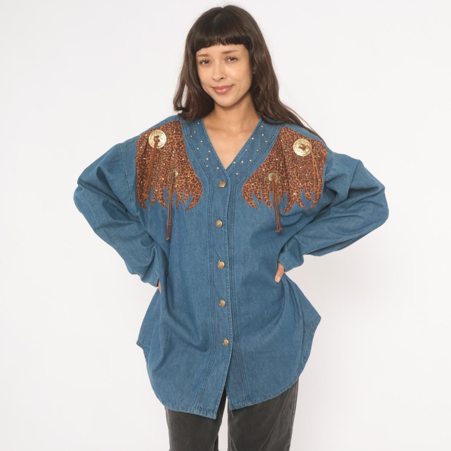 80s Western Leopard Denim Shirt Cotton Studded V-Neck Concho Fringe Large L