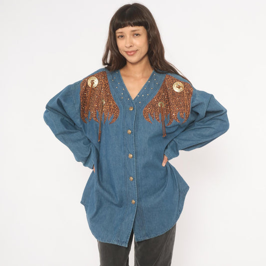 80s Western Leopard Denim Shirt Cotton Studded V-Neck Concho Fringe Large L